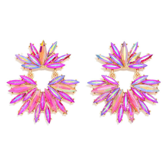 Linked Iridescent Rhinestone Burst Post Drop Earrings - Hot Pink - Picture 1 of 1